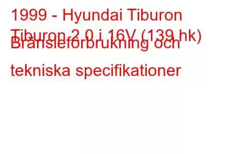 1999 - Hyundai Tiburon
Tiburon 2.0 i 16V (139 hk) Bränsleförbrukning och tekniska specifikationer