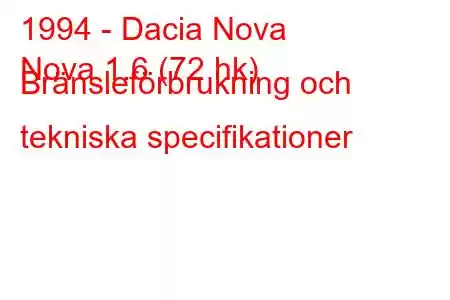 1994 - Dacia Nova
Nova 1.6 (72 hk) Bränsleförbrukning och tekniska specifikationer