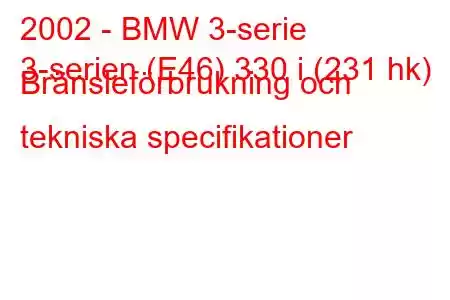 2002 - BMW 3-serie
3-serien (E46) 330 i (231 hk) Bränsleförbrukning och tekniska specifikationer