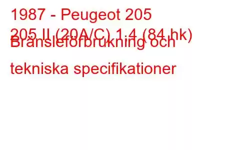 1987 - Peugeot 205
205 II (20A/C) 1,4 (84 hk) Bränsleförbrukning och tekniska specifikationer