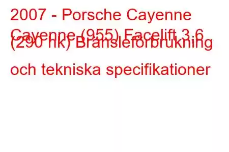 2007 - Porsche Cayenne
Cayenne (955) Facelift 3,6 (290 hk) Bränsleförbrukning och tekniska specifikationer