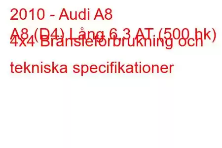 2010 - Audi A8
A8 (D4) Lång 6,3 AT (500 hk) 4x4 Bränsleförbrukning och tekniska specifikationer