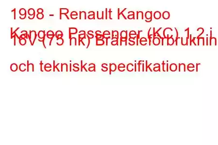 1998 - Renault Kangoo
Kangoo Passenger (KC) 1,2 i 16V (75 hk) Bränsleförbrukning och tekniska specifikationer