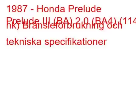 1987 - Honda Prelude
Prelude III (BA) 2.0 (BA4) (114 hk) Bränsleförbrukning och tekniska specifikationer