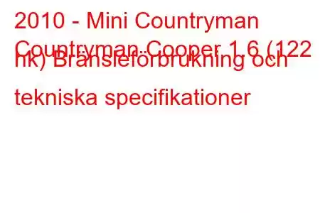 2010 - Mini Countryman
Countryman Cooper 1.6 (122 hk) Bränsleförbrukning och tekniska specifikationer