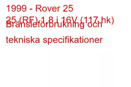 1999 - Rover 25
25 (RF) 1,8 i 16V (117 hk) Bränsleförbrukning och tekniska specifikationer