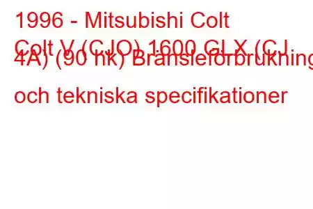 1996 - Mitsubishi Colt
Colt V (CJO) 1600 GLX (CJ 4A) (90 hk) Bränsleförbrukning och tekniska specifikationer