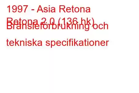 1997 - Asia Retona
Retona 2.0 (136 hk) Bränsleförbrukning och tekniska specifikationer