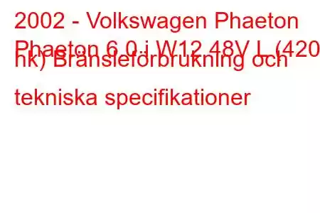 2002 - Volkswagen Phaeton
Phaeton 6.0 i W12 48V L (420 hk) Bränsleförbrukning och tekniska specifikationer