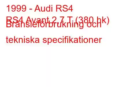 1999 - Audi RS4
RS4 Avant 2,7 T (380 hk) Bränsleförbrukning och tekniska specifikationer