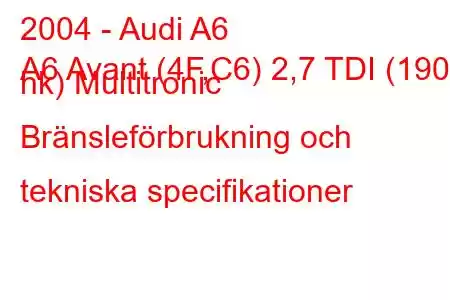 2004 - Audi A6
A6 Avant (4F,C6) 2,7 TDI (190 hk) Multitronic Bränsleförbrukning och tekniska specifikationer