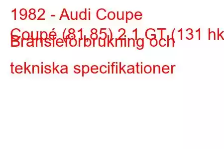 1982 - Audi Coupe
Coupé (81,85) 2,1 GT (131 hk) Bränsleförbrukning och tekniska specifikationer