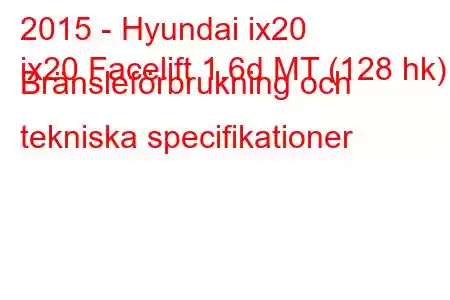 2015 - Hyundai ix20
ix20 Facelift 1.6d MT (128 hk) Bränsleförbrukning och tekniska specifikationer