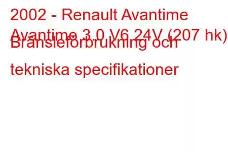 2002 - Renault Avantime
Avantime 3.0 V6 24V (207 hk) Bränsleförbrukning och tekniska specifikationer