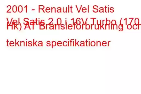 2001 - Renault Vel Satis
Vel Satis 2.0 i 16V Turbo (170 Hk) AT Bränsleförbrukning och tekniska specifikationer