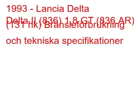 1993 - Lancia Delta
Delta II (836) 1,8 GT (836.AR) (131 hk) Bränsleförbrukning och tekniska specifikationer