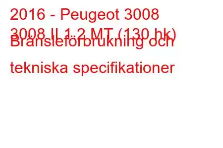 2016 - Peugeot 3008
3008 II 1.2 MT (130 hk) Bränsleförbrukning och tekniska specifikationer