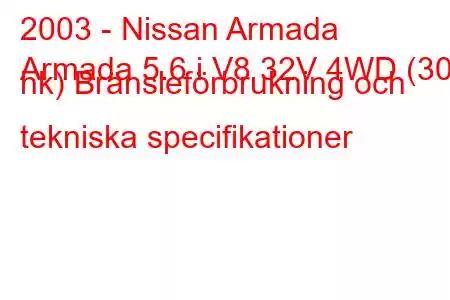 2003 - Nissan Armada
Armada 5.6 i V8 32V 4WD (309 hk) Bränsleförbrukning och tekniska specifikationer