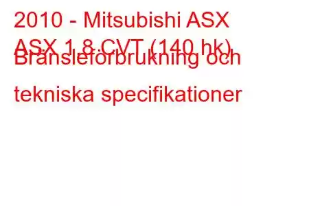 2010 - Mitsubishi ASX
ASX 1.8 CVT (140 hk) Bränsleförbrukning och tekniska specifikationer