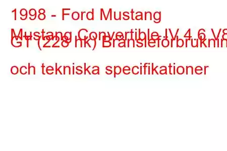 1998 - Ford Mustang
Mustang Convertible IV 4.6 V8 GT (228 hk) Bränsleförbrukning och tekniska specifikationer