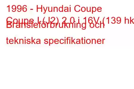 1996 - Hyundai Coupe
Coupe I (J2) 2.0 i 16V (139 hk) Bränsleförbrukning och tekniska specifikationer