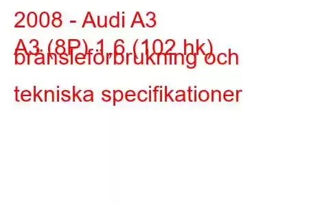 2008 - Audi A3
A3 (8P) 1,6 (102 hk) bränsleförbrukning och tekniska specifikationer