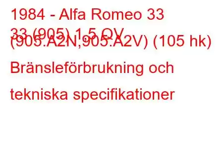 1984 - Alfa Romeo 33
33 (905) 1,5 QV (905.A2N,905.A2V) (105 hk) Bränsleförbrukning och tekniska specifikationer