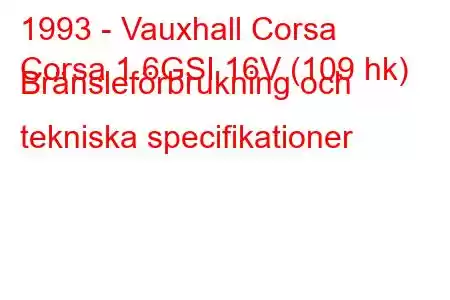 1993 - Vauxhall Corsa
Corsa 1.6GSI 16V (109 hk) Bränsleförbrukning och tekniska specifikationer