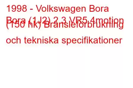 1998 - Volkswagen Bora
Bora (1J2) 2.3 VR5 4motion (150 hk) Bränsleförbrukning och tekniska specifikationer