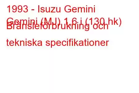 1993 - Isuzu Gemini
Gemini (MJ) 1,6 i (130 hk) Bränsleförbrukning och tekniska specifikationer