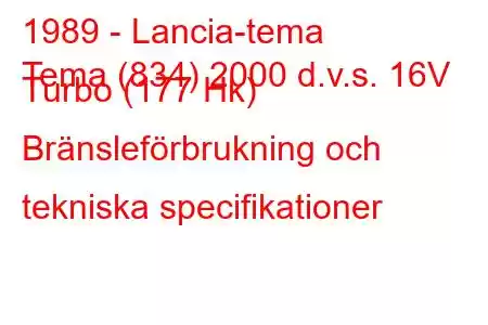 1989 - Lancia-tema
Tema (834) 2000 d.v.s. 16V Turbo (177 Hk) Bränsleförbrukning och tekniska specifikationer