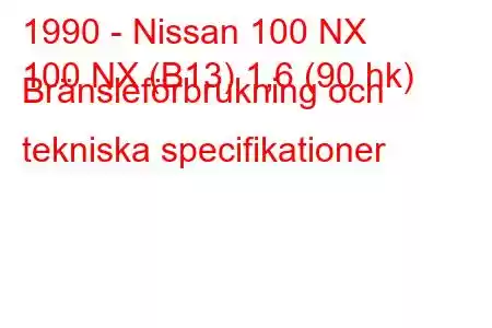 1990 - Nissan 100 NX
100 NX (B13) 1,6 (90 hk) Bränsleförbrukning och tekniska specifikationer