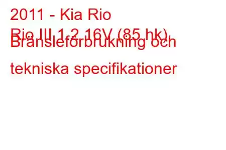 2011 - Kia Rio
Rio III 1.2 16V (85 hk) Bränsleförbrukning och tekniska specifikationer