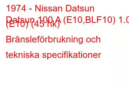 1974 - Nissan Datsun
Datsun 100 A (E10,BLF10) 1.0 (E10) (45 hk) Bränsleförbrukning och tekniska specifikationer