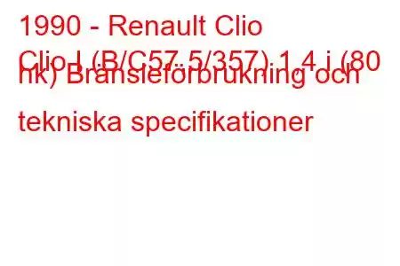 1990 - Renault Clio
Clio I (B/C57,5/357) 1,4 i (80 hk) Bränsleförbrukning och tekniska specifikationer