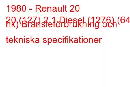 1980 - Renault 20
20 (127) 2.1 Diesel (1276) (64 hk) Bränsleförbrukning och tekniska specifikationer