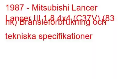 1987 - Mitsubishi Lancer
Lancer III 1.8 4x4 (C37V) (83 hk) Bränsleförbrukning och tekniska specifikationer