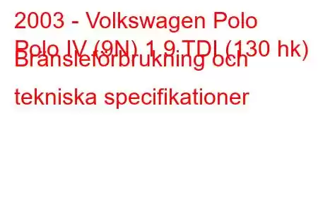 2003 - Volkswagen Polo
Polo IV (9N) 1.9 TDI (130 hk) Bränsleförbrukning och tekniska specifikationer