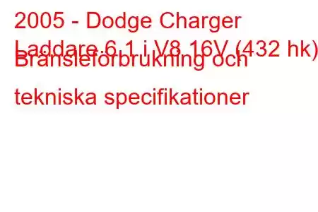 2005 - Dodge Charger
Laddare 6.1 i V8 16V (432 hk) Bränsleförbrukning och tekniska specifikationer