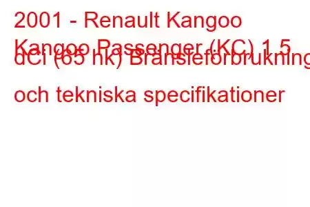 2001 - Renault Kangoo
Kangoo Passenger (KC) 1,5 dCi (65 hk) Bränsleförbrukning och tekniska specifikationer