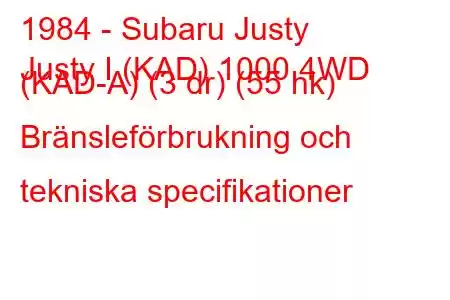 1984 - Subaru Justy
Justy I (KAD) 1000 4WD (KAD-A) (3 dr) (55 hk) Bränsleförbrukning och tekniska specifikationer