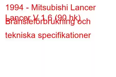 1994 - Mitsubishi Lancer
Lancer V 1.6 (90 hk) Bränsleförbrukning och tekniska specifikationer