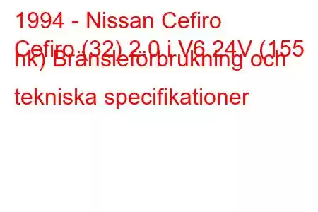 1994 - Nissan Cefiro
Cefiro (32) 2.0 i V6 24V (155 hk) Bränsleförbrukning och tekniska specifikationer