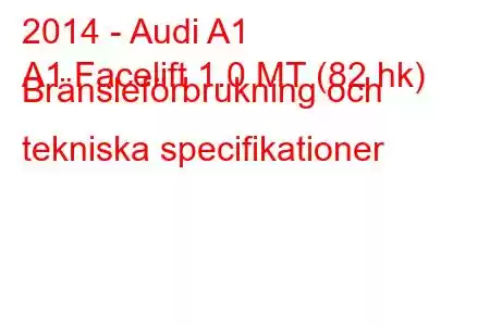 2014 - Audi A1
A1 Facelift 1.0 MT (82 hk) Bränsleförbrukning och tekniska specifikationer