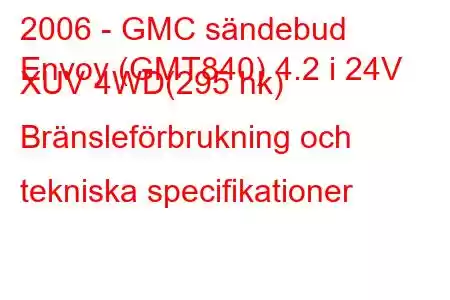 2006 - GMC sändebud
Envoy (GMT840) 4.2 i 24V XUV 4WD(295 hk) Bränsleförbrukning och tekniska specifikationer