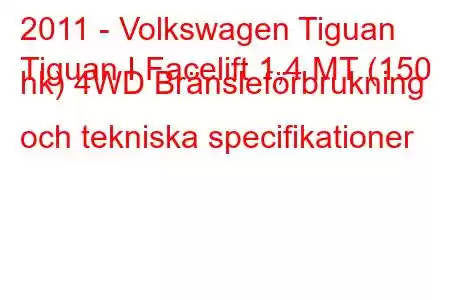 2011 - Volkswagen Tiguan
Tiguan I Facelift 1,4 MT (150 hk) 4WD Bränsleförbrukning och tekniska specifikationer