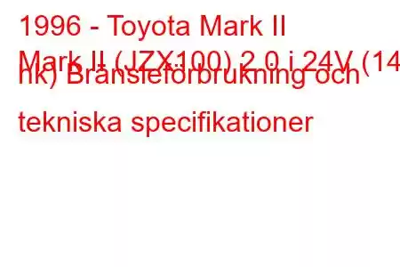 1996 - Toyota Mark II
Mark II (JZX100) 2.0 i 24V (140 hk) Bränsleförbrukning och tekniska specifikationer