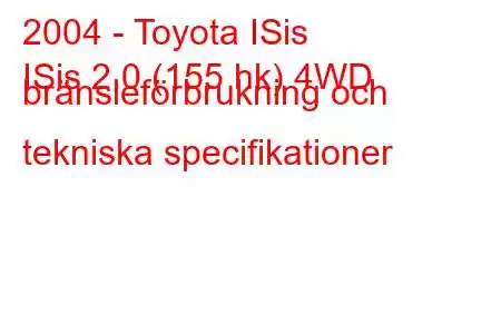 2004 - Toyota ISis
ISis 2.0 (155 hk) 4WD bränsleförbrukning och tekniska specifikationer