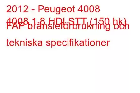 2012 - Peugeot 4008
4008 1.8 HDI STT (150 hk) FAP bränsleförbrukning och tekniska specifikationer