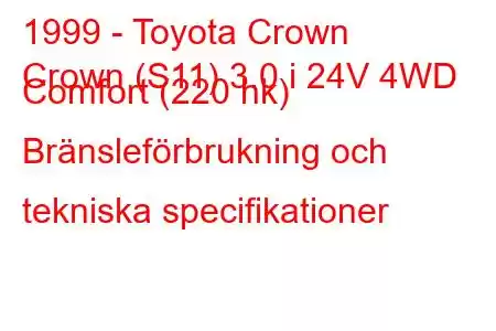 1999 - Toyota Crown
Crown (S11) 3.0 i 24V 4WD Comfort (220 hk) Bränsleförbrukning och tekniska specifikationer